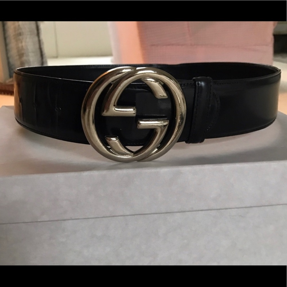 Authentic Black Gucci Silver logo Interlock Belt